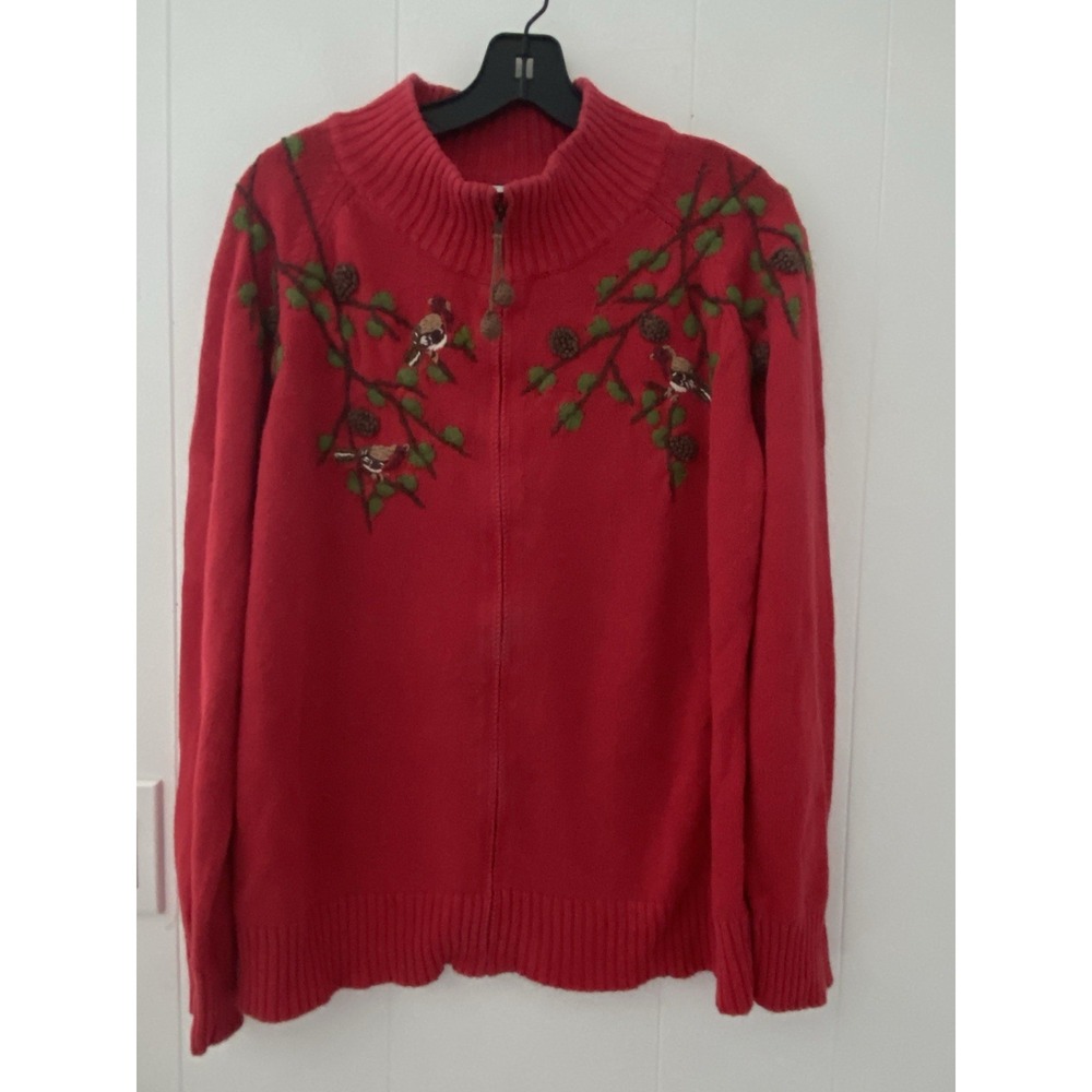 Coldwater Creek Birds & Pine Cones Cardigan Sweater Size 1X Red Embroidered Zip